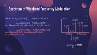 Spectrum of Wideband Frequency Modulation
We know, SWBFM (t) = Ac σ𝑛=−∞
∞
Jn(𝛽). cos2𝜋(fc+nfm)t
= AcJ0(β)cos(2πfct) + AcJ1(β)cos(2πfct) +
AcJ-1(β)cos(2πfct) + AcJ2(β)cos(2πfct) + AcJ-2(β)cos(2πfct) + . . . . .
= AcJ0(β)cos2π(fct) + AcJ1(β)cos2π(fc+fm)t -
AcJ1(β)cos2π(fc-fm)t + AcJ2(β)cos2π(fc+2fm)t +
AcJ2(β)cos2π(fc-2fm)t + . . . . .
𝐴𝑐 𝐽0(𝛽)
2
𝐴𝑐 𝐽2(𝛽)
2
𝐴𝑐 𝐽2(𝛽)
2
𝐴𝑐 𝐽1(𝛽)
2
𝐴𝑐 𝐽1(𝛽)
2
(fc+fm)(fc+2fm)
(fc-fm)
(fc-2fm)
(fc)
SWBFM
Spectrum of WBFM
 