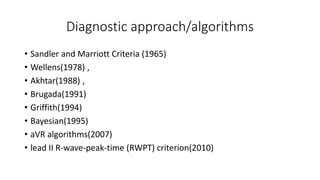 Diagnostic approach/algorithms
• Sandler and Marriott Criteria (1965)
• Wellens(1978) ,
• Akhtar(1988) ,
• Brugada(1991)
• Griffith(1994)
• Bayesian(1995)
• aVR algorithms(2007)
• lead II R-wave-peak-time (RWPT) criterion(2010)
 