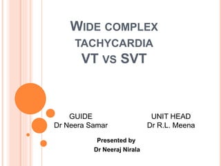 WIDE COMPLEX 
TACHYCARDIA 
VT VS SVT 
Presented by 
Dr Neeraj Nirala 
GUIDE 
Dr Neera Samar 
UNIT HEAD 
Dr R.L. Meena 
 