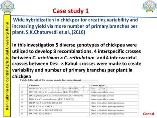 Rani
Lakshmi
Bai
Central
Agricultural
University
Jhansi
Case study 1
Wide hybridization in chickpea for creating variability and
increasing yield via more number of primary branches per
plant. S.K.Chaturvedi et.al.,(2016)
In this investigation 5 diverse genotypes of chickpea were
utilized to develop 8 recombinations. 4 interspecific crosses
between C. arietinum × C. reticulatum and 4 intervarietal
crosses between Desi × Kabuli crosses were made to create
variability and number of primary branches per plant in
chickpea
Cont.d
 