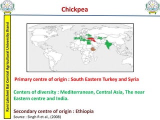 Rani
Lakshmi
Bai
Central
Agricultural
University
Jhansi
Chickpea
Primary centre of origin : South Eastern Turkey and Syria
Centers of diversity : Mediterranean, Central Asia, The near
Eastern centre and India.
Secondary centre of origin : Ethiopia
Source : Singh R et al., (2008)
 
