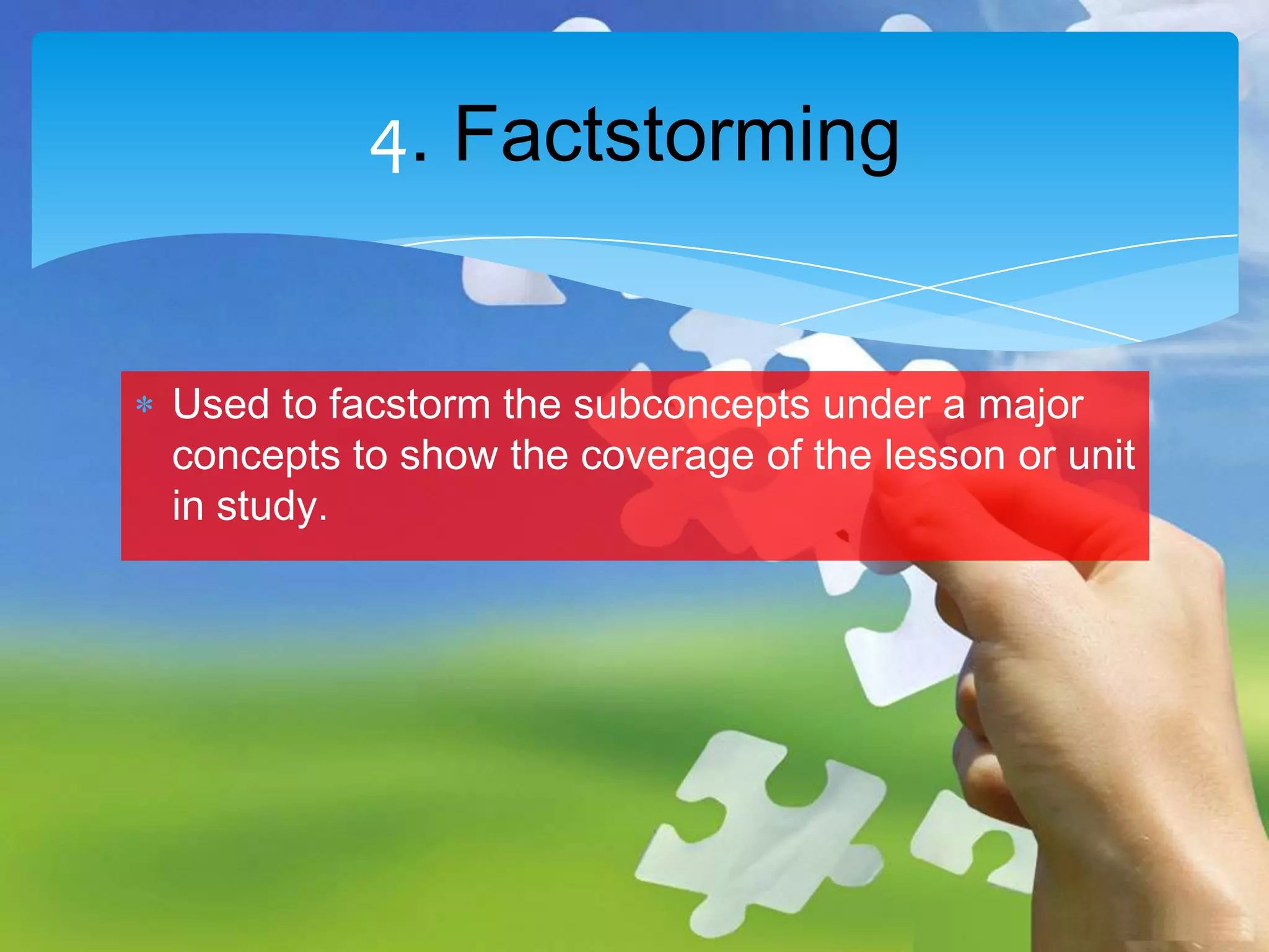 4. Factstorming
Used to facstorm the subconcepts under a major
concepts to show the coverage of the lesson or unit
in study.

 