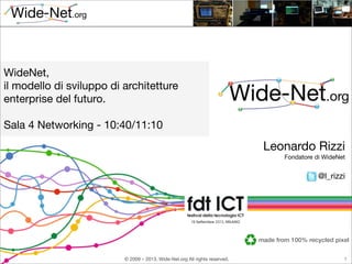 © 2009 – 2013, Wide-Net.org All rights reserved.
made from 100% recycled pixel
Leonardo Rizzi
Fondatore di WideNet
@l_rizzi
WideNet,
il modello di sviluppo di architetture
enterprise del futuro.
Sala 4 Networking - 10:40/11:10
1
 