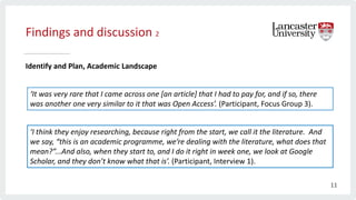Findings and discussion 2
Identify and Plan, Academic Landscape
‘It was very rare that I came across one [an article] that I had to pay for, and if so, there
was another one very similar to it that was Open Access’. (Participant, Focus Group 3).
‘I think they enjoy researching, because right from the start, we call it the literature. And
we say, “this is an academic programme, we’re dealing with the literature, what does that
mean?”...And also, when they start to, and I do it right in week one, we look at Google
Scholar, and they don’t know what that is’. (Participant, Interview 1).
11
 