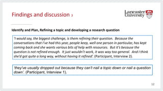 Findings and discussion 3
Identify and Plan, Refining a topic and developing a research question
‘I would say, the biggest challenge, is them refining their question. Because the
conversations that I’ve had this year, people keep, well one person in particular, has kept
coming back and she wants various bits of help with resources. But it’s because the
question is not refined enough. It just wouldn’t work, it was way too general. And I think
she’d got quite a long way, without having it refined’. (Participant, Interview 2).
‘they’ve usually dropped out because they can’t nail a topic down or nail a question
down’. (Participant, Interview 1).
12
 
