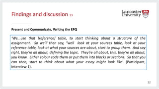 Findings and discussion 13
Present and Communicate, Writing the EPQ
‘We...use that [reference] table, to start thinking about a structure of the
assignment. So we’ll then say, “well look at your sources table, look at your
reference table, look at what your sources are about, start to group them. And say
right, they’re all about, defining the topic. They’re all about, this, they’re all about,
you know. Either colour code them or put them into blocks or sections. So that you
can then, start to think about what your essay might look like’. (Participant,
Interview 1).
22
 