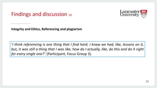 Findings and discussion 16
Integrity and Ethics, Referencing and plagiarism
‘I think referencing is one thing that I find hard. I know we had, like, lessons on it,
but, it was still a thing that I was like, how do I actually, like, do this and do it right
for every single one?’. (Participant, Focus Group 3).
25
 