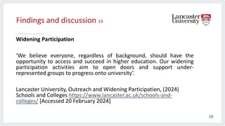 Findings and discussion 19
Widening Participation
‘We believe everyone, regardless of background, should have the
opportunity to access and succeed in higher education. Our widening
participation activities aim to open doors and support under-
represented groups to progress onto university’.
Lancaster University, Outreach and Widening Participation, (2024)
Schools and Colleges https://www.lancaster.ac.uk/schools-and-
colleges/ [Accessed 20 February 2024]
28
 