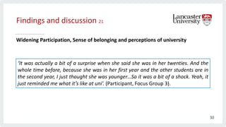 Findings and discussion 21
Widening Participation, Sense of belonging and perceptions of university
‘It was actually a bit of a surprise when she said she was in her twenties. And the
whole time before, because she was in her first year and the other students are in
the second year, I just thought she was younger…So it was a bit of a shock. Yeah, it
just reminded me what it’s like at uni’. (Participant, Focus Group 3).
30
 
