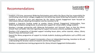 Recommendations
• Establish a full-time, permanent Widening Participation post within the library that has responsibility for
coordinating school and/or colleges engagement and delivering related Widening Participation activities
• Establish a clear set of aims and objectives for the Library Schools Engagement team focused on
Information Literacy, Widening Participation and the transition to HE
• Establish a long-term funding model to employ Library Schools Engagement Ambassadors, from
Widening Participation backgrounds, to provide peer support for school and/or college students
• Develop a stronger partnership with Widening Participation and Outreach Team so that the Library
Schools Team are better informed regarding the support and access schemes available to students
• Develop a full programme of blended support including lesson plans, online tutorials, videos, Library
Research Days and outreach visits
• Expand the library programme of support to include students studying qualifications such as BTECs and
T-Levels
• Ensure that a programme of support incorporates a focus on independent learning, transition to HE and
understanding the iterative nature of research and the learning process
• Develop a comprehensive training programme for Library Schools Engagement Ambassadors
35
 