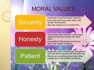 MORAL VALUES
            • Antoinette loves Rochester sincerely.
            • Even they just know each other, she
Sincerity     accept his proposal.
            • She also always try to comfort him.



            • The trouble they had face, make them
              realize to become honest with each
Honesty       other.
            • Antoinette tell Rochester everything
              about her mother madness.


            • Antoinette such a blissful girl, she patient
              with the person around her that hate her.
Patient     • She know everything about what other
              people say to her mother and family.
 