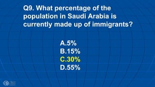 Q9. What percentage of the
population in Saudi Arabia is
currently made up of immigrants?
A.5%
B.15%
C.30%
D.55%
 