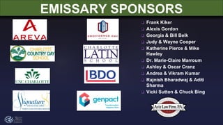 EMISSARY SPONSORS
❑ Frank Kiker
❑ Alexis Gordon
❑ Georgia & Bill Belk
❑ Judy & Wayne Cooper
❑ Katherine Pierce & Mike
Hawley
❑ Dr. Marie-Claire Marroum
❑ Ashley & Oscar Cranz
❑ Andrea & Vikram Kumar
❑ Rajnish Bharadwaj & Aditi
Sharma
❑ Vicki Sutton & Chuck Bing
 