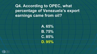 Q4. According to OPEC, what
percentage of Venezuela’s export
earnings came from oil?
A. 65%
B. 75%
C. 85%
D. 95%
 