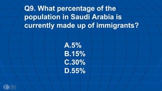 Q9. What percentage of the
population in Saudi Arabia is
currently made up of immigrants?
A.5%
B.15%
C.30%
D.55%
 
