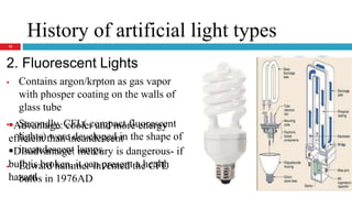 History of artificial light types
2. Fluorescent Lights
 Contains argon/krpton as gas vapor
with phosper coating on the walls of
glass tube
 Secondly, CFL( compact fluorescent
lights) were developed in the shape of
incandescent lamps
 Edward hammer invented the CFL
bulbs in 1976AD
Advantage: cooler and more energy
efficient than incandescent
Disadvantage: mercury is dangerous- if
bulb is broken, it can present a health
hazard
12
 