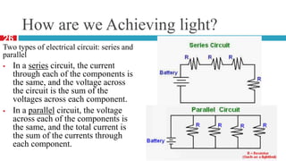 How are we Achieving light?
Two types of electrical circuit: series and
parallel
 In a series circuit, the current
through each of the components is
the same, and the voltage across
the circuit is the sum of the
voltages across each component.
 In a parallel circuit, the voltage
across each of the components is
the same, and the total current is
the sum of the currents through
each component.
26
 