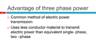 Advantage of three phase power
29
 Common method of electric power
transmission
 Uses less conductor material to transmit
electric power than equivalent single- phase,
two –phase
 