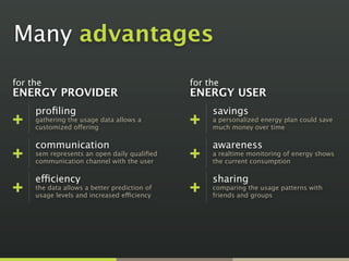 Many advantages
for the                                       for the
ENERGY PROVIDER                               ENERGY USER
     proﬁling                                      savings
     gathering the usage data allows a             a personalized energy plan could save
     customized offering                           much money over time

     communication                                 awareness
     sem represents an open daily qualiﬁed         a realtime monitoring of energy shows
     communication channel with the user           the current consumption

     efficiency                                    sharing
     the data allows a better prediction of        comparing the usage patterns with
     usage levels and increased efficiency         friends and groups
 