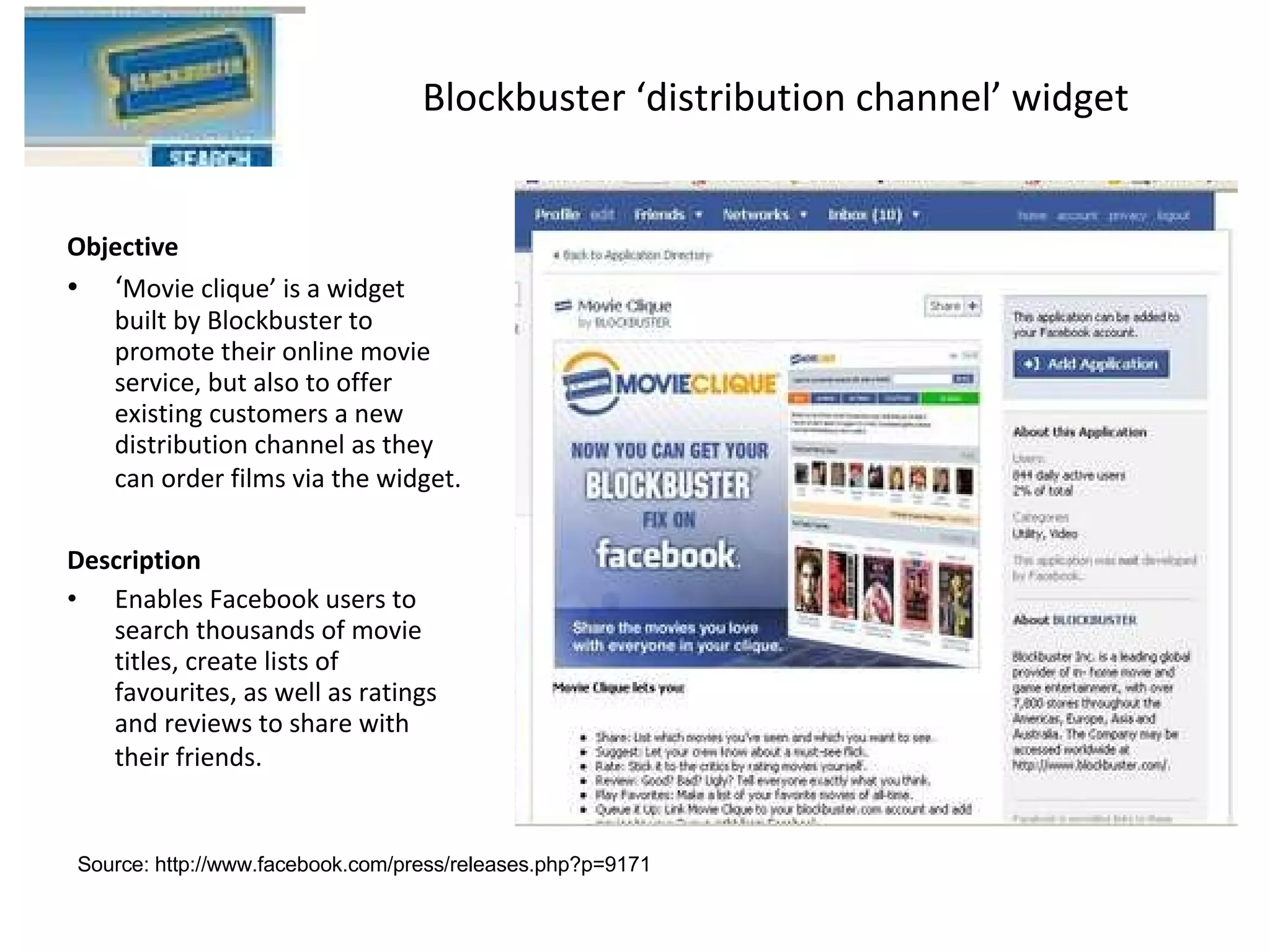 Blockbuster ‘distribution channel’ widget Objective ‘ Movie clique’ is a widget built by Blockbuster to promote their online movie service, but also to offer existing customers a new distribution channel as they can order films via the widget.   Description Enables Facebook users to search thousands of movie titles, create lists of favourites, as well as ratings and reviews to share with their friends.   Source: http://www.facebook.com/press/releases.php?p=9171 