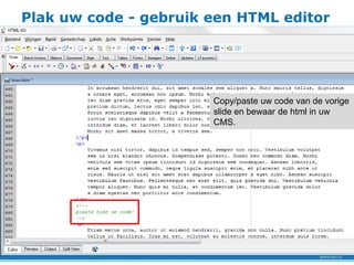 Plak uw code - gebruik een HTML editor




                       Copy/paste uw code van de vorige
                       slide en bewaar de html in uw
                       CMS.
 