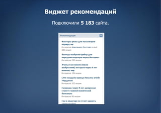 Виджет рекомендаций
 Подключили 5 183 сайта.
 