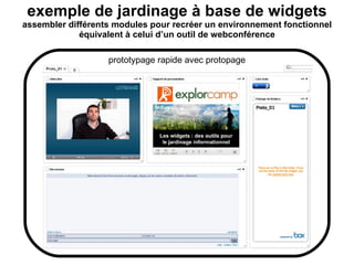 exemple de jardinage à base de widgets assembler différents modules pour recréer un environnement fonctionnel équivalent à celui d’un outil de webconférence prototypage rapide avec protopage 
