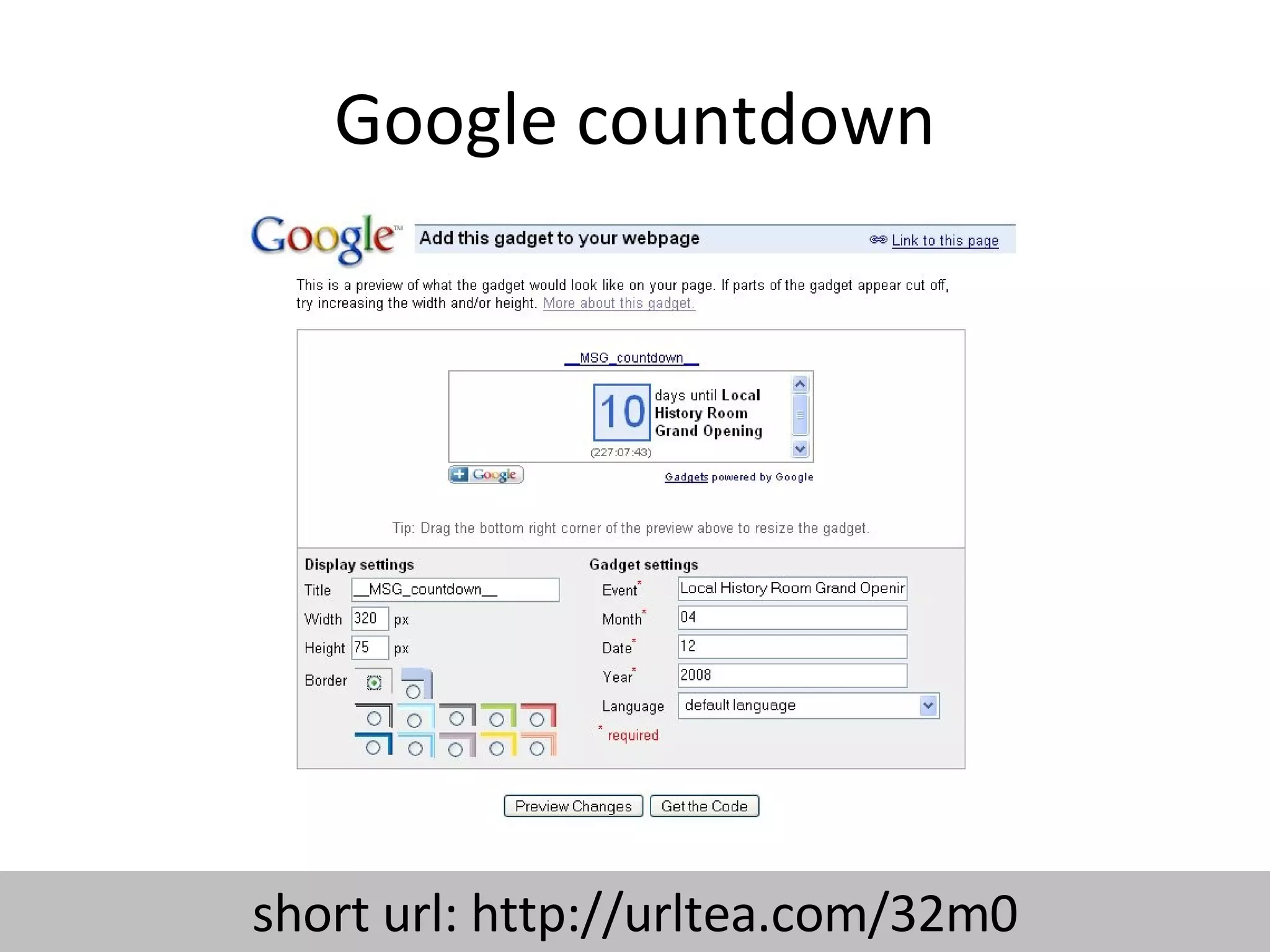 Google countdown short url: http://urltea.com/32m0 