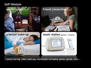 sports buddy friend connection a better wake-up music station   (powers + streams) + photo sharing, video mash-ups, multimedia messaging, games, gossip, news … SoIP lifestyle 