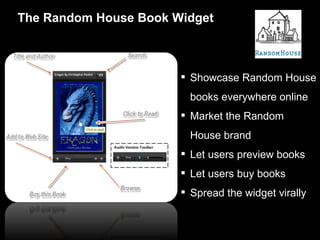 Showcase Random House books everywhere online Market the Random House brand Let users preview books Let users buy books Spread the widget virally The Random House Book Widget 