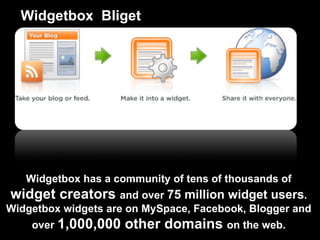 Widgetbox  Bliget Widgetbox has a community of tens of thousands of  widget creators  and over  75 million widget users . Widgetbox widgets are on MySpace, Facebook, Blogger and over  1,000,000 other domains  on the web. 