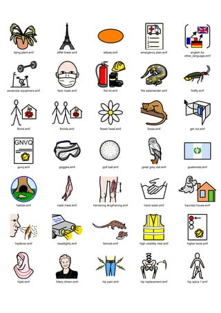 dying plant.emf       eiffel tower.emf            ellipse.emf          emergency plan.emf              english for
                                                                                                      other_language.emf




excercise equipment.emf    face mask.emf              fire kit.emf          fire salamander.emf           firefly.emf




       florist.emf           florists.emf          flower head.emf               fossa.emf               get out.emf




       gnvq.emf             goggles.emf              golf ball.emf          great grey owl.emf          guatemala.emf




      habitat.emf          halal meat.emf      hamstring lengthening.emf      hand wash.emf           haunted house.emf




     hayfever.emf          headlights.emf             herorat.emf          high visibility vest.emf    higher level.emf




       hijab.emf          hilary clinton.emf         hip pain.emf          hip replacement.emf          hip spica 1.emf
 