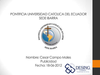 PONTIFICIA UNIVERSIDAD CATOLICA DEL ECUADOR
                  SEDE IBARRA




        Nombre: Cesar Campo Males
                Publicidad
            Fecha: 18-06-2012
 