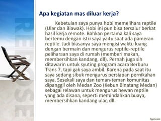 Apa kegiatan mas diluar kerja?
Kebetulan saya punya hobi memelihara reptile
(Ular dan Biawak). Hobi ini pun bisa tersalur berkat
hasil kerja remote. Bahkan pertama kali saya
bertemu dengan istri saya yaitu saat ada pameran
reptile. Jadi biasanya saya mengisi waktu luang
dengan bermain dan mengurus reptile-reptile
peliharaan saya di rumah (memberi makan,
membersihkan kandang, dll). Pernah juga sih
ditawarin untuk syuting program acara Berburu
Trans 7, tapi gak saya ambil. Karena pada saat itu
saya sedang sibuk mengurus persiapan pernikahan
saya. Sesekali saya dan teman-teman komunitas
dipanggil oleh Medan Zoo (Kebun Binatang Medan)
sebagai relawan untuk mengurus hewan reptile
yang ada disana, seperti memindahkan buaya,
membersihkan kandang ular, dll.
 