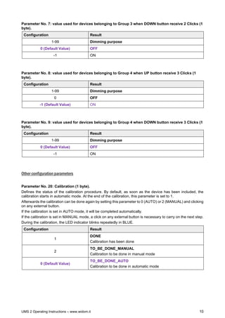 UMS 2 Operating Instructions – www.widom.it 10
Parameter No. 7: value used for devices belonging to Group 3 when DOWN button receive 2 Clicks (1
byte).
Configuration Result
1-99 Dimming purpose
0 (Default Value) OFF
-1 ON
Parameter No. 8: value used for devices belonging to Group 4 when UP button receive 3 Clicks (1
byte).
Configuration Result
1-99 Dimming purpose
0 OFF
-1 (Default Value) ON
Parameter No. 9: value used for devices belonging to Group 4 when DOWN button receive 3 Clicks (1
byte).
Configuration Result
1-99 Dimming purpose
0 (Default Value) OFF
-1 ON
Other configuration parameters
Parameter No. 20: Calibration (1 byte).
Defines the status of the calibration procedure. By default, as soon as the device has been included, the
calibration starts in automatic mode. At the end of the calibration, this parameter is set to 1.
Afterwards the calibration can be done again by setting this parameter to 0 (AUTO) or 2 (MANUAL) and clicking
on any external button.
If the calibration is set in AUTO mode, it will be completed automatically.
If the calibration is set in MANUAL mode, a click on any external button is necessary to carry on the next step.
During the calibration, the LED indicator blinks repeatedly in BLUE.
Configuration Result
1
DONE
Calibration has been done
2
TO_BE_DONE_MANUAL
Calibration to be done in manual mode
0 (Default Value)
TO_BE_DONE_AUTO
Calibration to be done in automatic mode
 