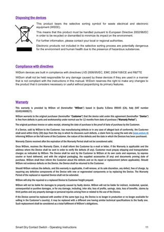 Smart Dry Contact Switch - Operating Instructions 11
Disposing the devices
This product bears the selective sorting symbol for waste electrical and electronic
equipment (WEEE).
This means that this product must be handled pursuant to European Directive 2002/96/EC
in order to be recycled or dismantled to minimize its impact on the environment.
For further information, please contact your local or regional authorities.
Electronic products not included in the selective sorting process are potentially dangerous
for the environment and human health due to the presence of hazardous substances.
Compliance with directives
WiDom devices are built in compliance with directives LVD 2006/95/EC, EMC 2004/108/CE and R&TTE
WiDom shall not be held responsible for any damage caused by these devices if they are used in a manner
that is not compliant with the instructions in this manual. WiDom reserves the right to make any changes to
the product that it considers necessary or useful without jeopardizing its primary features.
Warranty
This warranty is provided by WiDom srl (hereinafter “WiDom”) based in Quartu S.Elena 09045 (CA), Italy (VAT number
03452490927).
WiDom warrants to the original purchaser (hereinafter “Customer”) that the device sold under this agreement (hereinafter “Device”)
is free from defects in parts and workmanship under normal use for 12 months from date of purchase (“Warranty Period”).
The original purchase invoice or sales receipt, showing the date of purchase is the proof of date of purchase by the Customer.
If a Device, sold by WiDom to the Customer, has manufacturing defects or in any case of alleged lack of conformity, the Customer
shall send within thirty (30) days from the day in which he discovers such defects, a claim form by using the web site (www.widom.it)
informing WiDom on the full name of the Customer, the nature of the defects and the date in which the Devices has been purchased.
Warranty Claims received after the expiration of the Warranty Period shall not be considered valid.
Once WiDom, receives the Warranty Claim, it shall inform the Customer by e-mail or letter, if the Warranty is applicable and the
address where the Device shall be sent in order to verify the defects (if any). Customer must prepay shipping and transportation
charges as indicated by WiDom. The Device shall be sent by the Customer to WiDom at its own costs and expenses, by express
courier or hand delivered, and with the original packaging, the supplied accessories (if any) and documents proving date of
purchase. WiDom shall then inform the Customer about the defects and on its repair or replacement (where applicable). Should
WiDom not evidence defects on the Device, the Device shall be returned to the Customer.
Should WiDom notices the defects, and this warranty is applicable, it will remove, at its sole discretion, any defect, free of charge, by
repairing any defective components of the Device with new or regenerated components or by replacing the Device. The Warranty
Period of the replaced or repaired Device shall not be extended.
WiDom will ship the repaired or a replaced Device to Customer freight prepaid.
WiDom will not be liable for damages to property caused by faulty device. WiDom will not be liable for indirect, incidental, special,
consequential or punitive damages, or for any damage, including, inter alia, loss of profits, savings, data, loss of benefits, claims by
third parties and any property damage or personal injuries arising from or related to the use of the Device.
If the Device cannot be replaced with another of the same type (e.g. the Device is no longer in production or no longer available for
selling in the Customer’s country), it may be replaced with a different one having similar technical specifications to the faulty one.
Such replacement shall be considered as a total fulfilment of WiDom’s obligations.
 