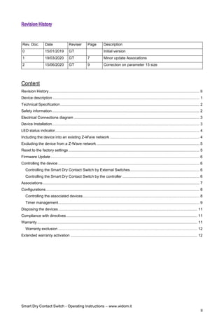 Smart Dry Contact Switch - Operating Instructions – www.widom.it
II
Revision History
Content
Revision History................................................................................................................................................. II
Device description ............................................................................................................................................. 1
Technical Specification...................................................................................................................................... 2
Safety information.............................................................................................................................................. 2
Electrical Connections diagram ......................................................................................................................... 3
Device Installation.............................................................................................................................................. 3
LED status indicator........................................................................................................................................... 4
Including the device into an existing Z-Wave network ...................................................................................... 4
Excluding the device from a Z-Wave network ................................................................................................... 5
Reset to the factory settings .............................................................................................................................. 5
Firmware Update ............................................................................................................................................... 6
Controlling the device ........................................................................................................................................ 6
Controlling the Smart Dry Contact Switch by External Switches................................................................... 6
Controlling the Smart Dry Contact Switch by the controller .......................................................................... 6
Associations....................................................................................................................................................... 7
Configurations.................................................................................................................................................... 8
Controlling the associated devices ................................................................................................................ 8
Timer management........................................................................................................................................ 9
Disposing the devices...................................................................................................................................... 11
Compliance with directives .............................................................................................................................. 11
Warranty .......................................................................................................................................................... 11
Warranty exclusion ...................................................................................................................................... 12
Extended warranty activation .......................................................................................................................... 12
Rev. Doc. Date Reviser Page Description
0 15/01/2019 GT Initial version
1 19/03/2020 GT 7 Minor update Assocations
2 15/06/2020 GT 9 Correction on parameter 15 size
 