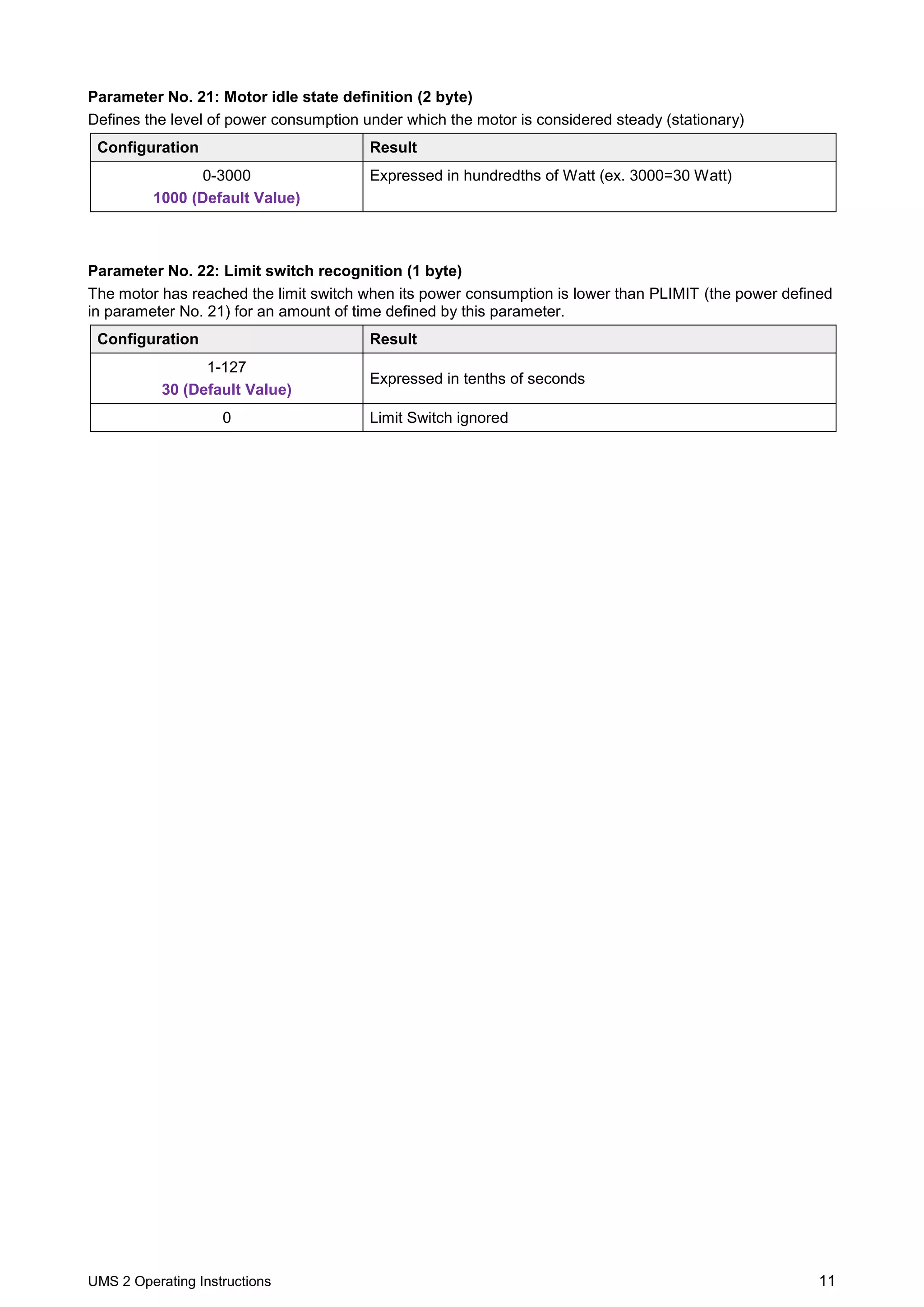 UMS 2 Operating Instructions 11
Parameter No. 21: Motor idle state definition (2 byte)
Defines the level of power consumption under which the motor is considered steady (stationary)
Configuration Result
0-3000
1000 (Default Value)
Expressed in hundredths of Watt (ex. 3000=30 Watt)
Parameter No. 22: Limit switch recognition (1 byte)
The motor has reached the limit switch when its power consumption is lower than PLIMIT (the power defined
in parameter No. 21) for an amount of time defined by this parameter.
Configuration Result
1-127
30 (Default Value)
Expressed in tenths of seconds
0 Limit Switch ignored
 