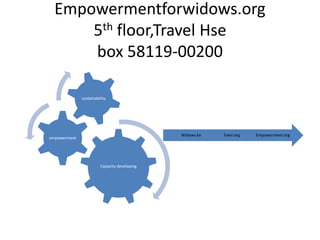 Empowermentforwidows.org
5th floor,Travel Hse
box 58119-00200
Capacity developing
empowerment
sustainability
Empowerment.orgEwoi.orgWidows.ke
 