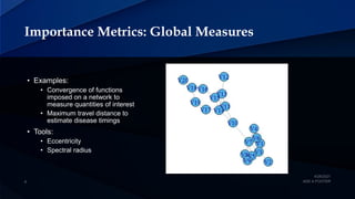 Importance Metrics: Global Measures
• Examples:
• Convergence of functions
imposed on a network to
measure quantities of interest
• Maximum travel distance to
estimate disease timings
• Tools:
• Eccentricity
• Spectral radius
 