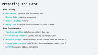 10
Preparing the Data
Data Cleaning
• Bad formats: ignore or treat like missing data
• Missing Data: replace or remove row
• Useless variables: remove
• Wrong Data: dummy or rubbish data like aaa, bbb, 21ad etc.
Data Transformation
• Transform variables: data formats, column data type
• Create derived variables: Country from IP, age from ID Card
• Normalize strings: different spellings and nicknames (Male, M, Men etc.)
• Feature value rescaling: most ML algorithms need values ranging from 0-1
• Enrich: lookup and add age from profile
 