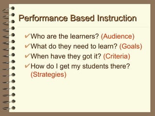 Performance Based Instruction Who are the learners?  (Audience) What do they need to learn?  (Goals) When have they got it?  (Criteria) How do I get my students there?  (Strategies) 