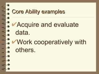 Core Ability examples Acquire and evaluate data. Work cooperatively with others. 