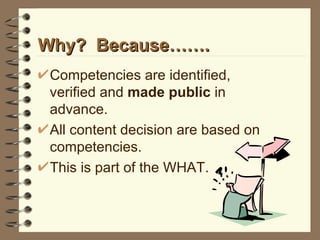 Why?  Because……. Competencies are identified, verified and  made public  in advance. All content decision are based on competencies. This is part of the WHAT. 