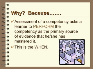 Assessment of a competency asks a learner to  PERFORM  the competency as the primary source of evidence that he/she has mastered it. This is the WHEN. Why?  Because……. 