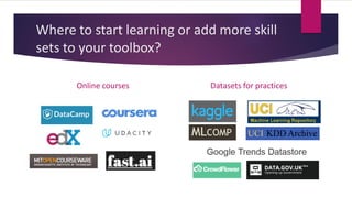 Where to start learning or add more skill
sets to your toolbox?
Online courses Datasets for practices
 
