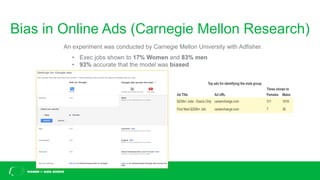 Bias in Online Ads (Carnegie Mellon Research)
An experiment was conducted by Carnegie Mellon University with Adfisher.
• Exec jobs shown to 17% Women and 83% men
• 93% accurate that the model was biased
 