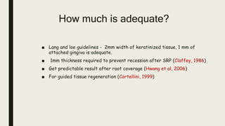 How much is adequate?
■ Lang and loe guidelines - 2mm width of keratinized tissue, 1 mm of
attached gingiva is adequate.
■ 1mm thickness required to prevent recession after SRP (Claffey, 1986)
■ Get predictable result after root coverage (Hwang et al, 2006)
■ For guided tissue regeneration (Cortellini, 1999)
 