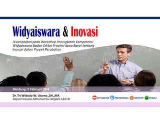 Disampaikan pada Workshop Peningkatan Kompetensi
Widyaiswara Badan Diklat Provinsi Jawa Barat tentang
Inovasi dalam Proyek Perubahan
Bandung, 2 Februari 2016
Dr. Tri Widodo W. Utomo.,SH.,MA
Deputi Inovasi Administrasi Negara LAN-RI PEDULIINOVATIFINTEGRITAS PROFESIONAL
 