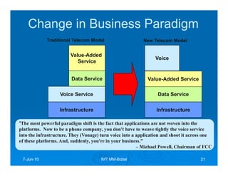 Change in Business Paradigm
             Traditional Telecom Model                     New Telecom Model


                        Value-Added
                                                                 Voice
                           Service


                         Data Service                        Value-Added Service

                   Voice Service                                  Data Service

                   Infrastructure                                Infrastructure

“The most powerful paradigm shift is the fact that applications are not woven into the
platforms. Now to be a phone company, you don't have to weave tightly the voice service
into the infrastructure. They (Vonage) turn voice into a application and shoot it across one
of these platforms. And, suddenly, you're in your business.”
                                                         – Michael Powell, Chairman of FCC

 7-Jun-10
   Jun-                                IMT MM-Biztel
                                           MM-                                        21
 